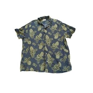 Mutual Weave Short Sleeve Camp Shirt Mens 2XL Linen Blue Green Tropical Leaves